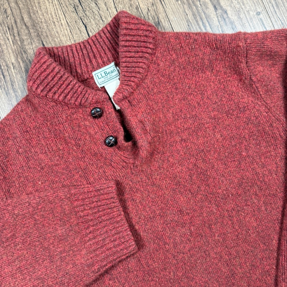 LL Bean Classic Ragg Wool Sweater Mens XL Red Heather Henley Mock Neck Lambswool
